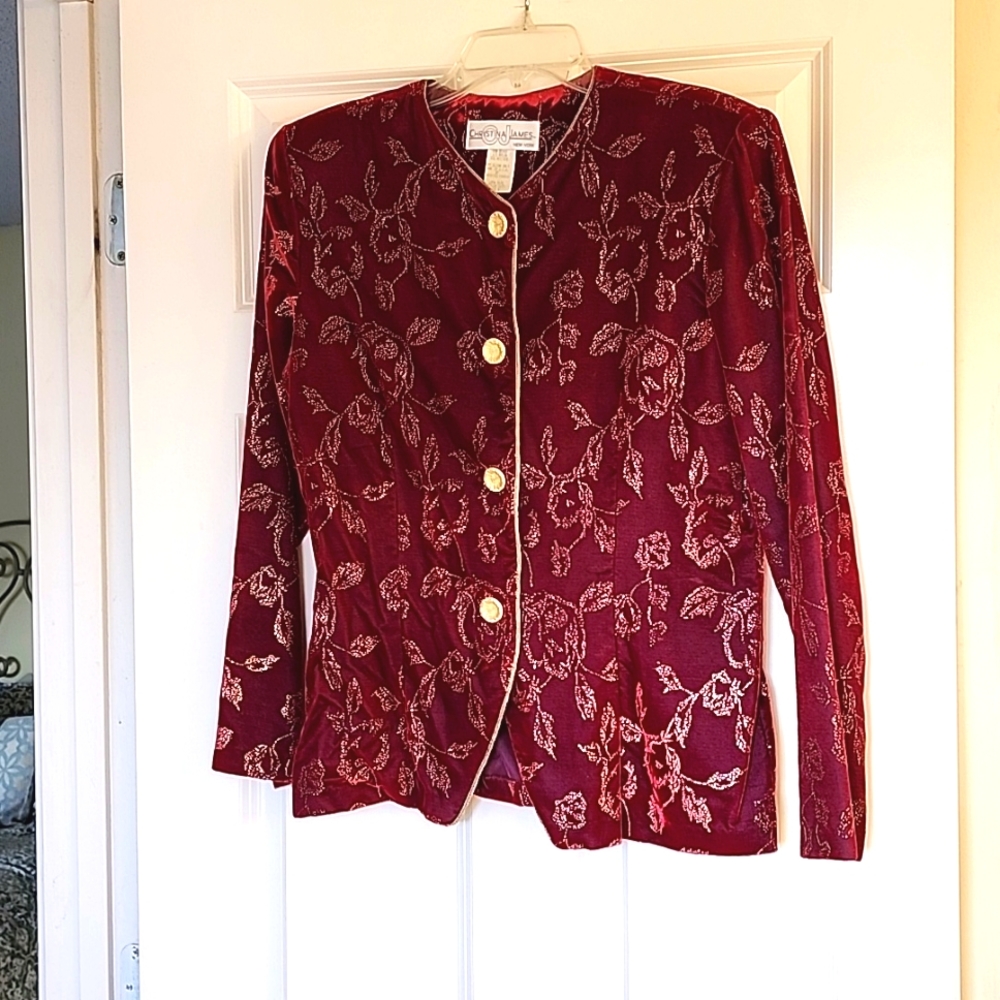 Fest Retro  burgundy velvet top with embellished gold sparkle threads, 🌟 Size 8
